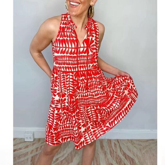 Joy Joy Tiered Trim Halter Dress in Red Rowan Size Small - Picture 9 of 9